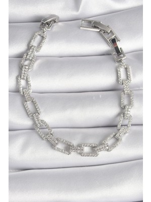 Youday Accessories Pirinç Gümüş Renk Zirkon Taşlı Zincir Model Vıp Seri Kadın Bileklik