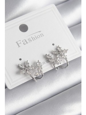 Youday Accessories Pirinç Gümüş Renk Zirkon Taşlı Çiçek Model Kadın Küpe