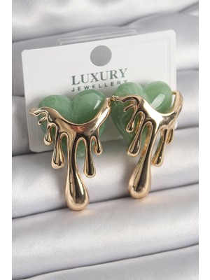 Youday Accessories Pirinç Gold Renk Yeşil Sedefli Akan Kalp Model Kadın Küpe