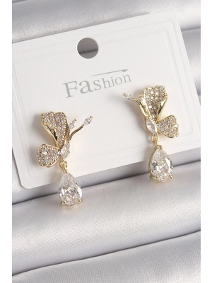 Youday Accessories Pirinç Gold Renk Zirkon Taşlı Turna Kuşu Model Sallantı Detay Kadın Küpe