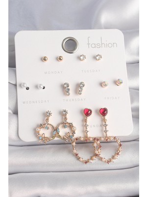 Youday Accessories Pirinç Gold Renk Zirkon Taşlı Sallantı Kalp Figür 7 Çift Kadın Küpe Seti