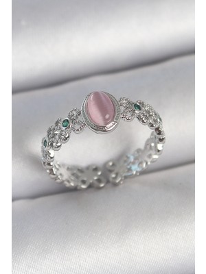 Youday Accessories Pirinç Gümüş Renk Zirkon Taş Detaylı Pembe Mineli Damla Model Ayarlanabilir Kadın Yüzük