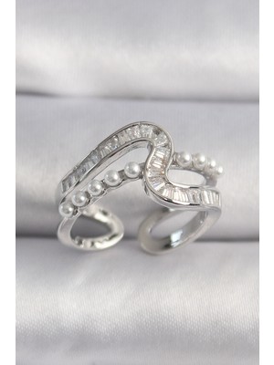 isiltikidsmoda Pirinç Gümüş Renk Zirkon Taşlı Inci Detay Vıp Seri Kadın Yüzük