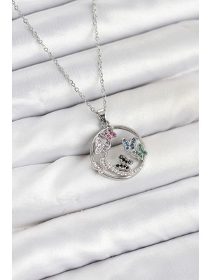 Youday Accessories 316L Çelik Zincir Gümüş Renk Zirkon Taşlı Kelebekli Kadın Kolye