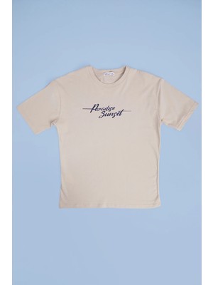 FullaModa %100 Pamuk Yazı ve Palmiye Baskılı Oversize Erkek Çocuk Tişört