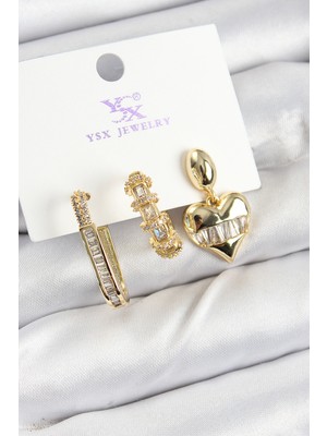 Youday Accessories Pirinç Zirkon Taşlı Kalp Model Gold Renk 3'LÜ Kadın Küpe