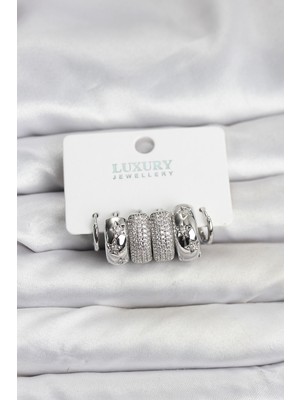 Youday Accessories Zirkon Taşlı Pirinç Gümüş Renk Halka Kadın Küpe Seti