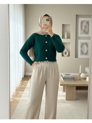 Moda Morfo Taş Düğmeli Yırtıklı Krop Hırka -Zümrüt