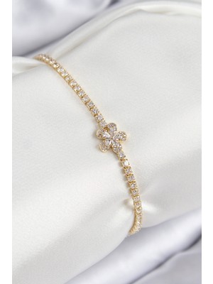 Youday Accessories Pirinç Zirkon Taşlı Çiçek Model Gold Renk Kadın Bileklik