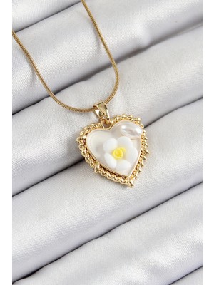 Youday Accessories 316L Çelik Zincir Beyaz Sanatsal Portre Inci Detaylı Papatya Figürlü Kalp Model Gold Renk Kadın Kolye