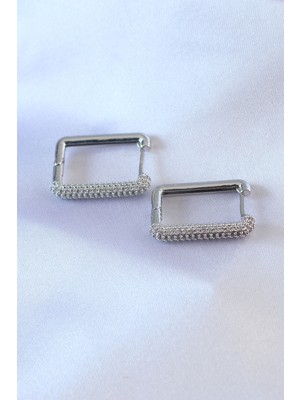 Youday Accessories Gümüş Renk Kare Model Zirkon Taşlı Pirinç Kadın Küpe