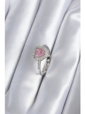 Youday Accessories Pirinç Gümüş Renk Pembe Zirkon Taş Kalp Charm Model Kadın Yüzük