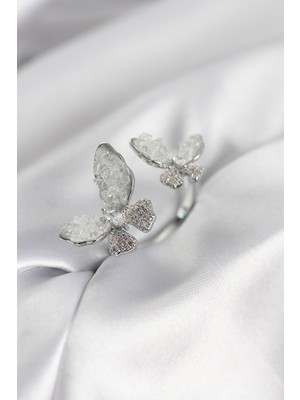 Youday Accessories Gümüş Renk Beyaz Kelebek Model Zirkon Taşlı Kadın Yüzük