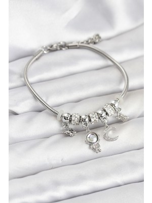 Youday Accessories Pirinç Gümüş Renk Uzay Tema Charmlı Kadın Bileklik