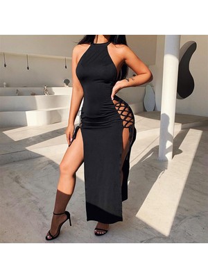 Mixora Bayan Yandan Bağlı Yırtmaçlı Siyah Elbise