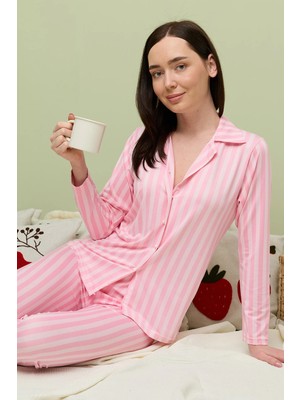FullaModa Çizgili Gömlek Yaka Pijama Takımı