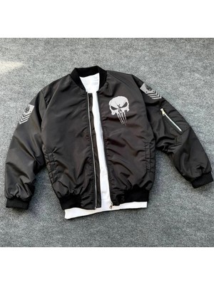 Pileli Store Siyah Askeri Tarz Bomber Mont –  , Punisher Skull Detaylı -