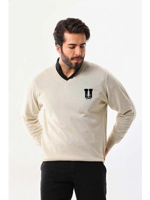 Pileli Store Baskılı V Yaka Uzun Kol Dokuma Triko - Bej -