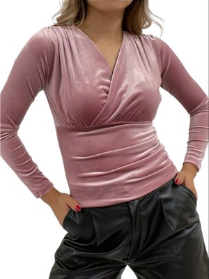 Moda Morfo Kruvaze Model Kadife Bluz -Pudra