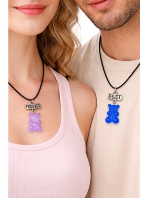 Herşey Nota 2li Best Friends Ayıcık Kolye Seti Mavi Mor Ipli Unisex Çocuk Genç