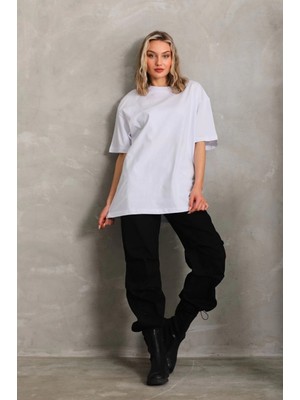 Pileli Store Bisiklet Yaka 20/1 Düz Oversize T-Shirt - Beyaz -