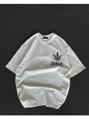 Pileli Store Bisiklet Yaka Baskılı Oversize T-Shirt - Beyaz -