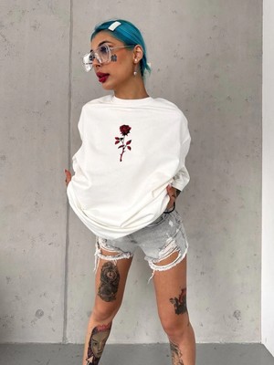 Pileli Store Bisiklet Yaka Baskılı Oversize T-Shirt - Beyaz -