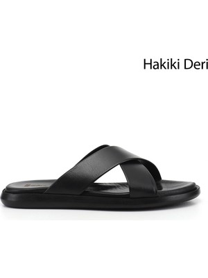 Gönderi(r) Erkek Siyah  Çapraz Bantlı Hakiki Deri Terlik