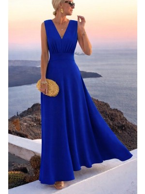 Emh Store Kadın Askılı V Yakalı Bel Korsaj Detaylı Uzun Ithal Krep Elbise