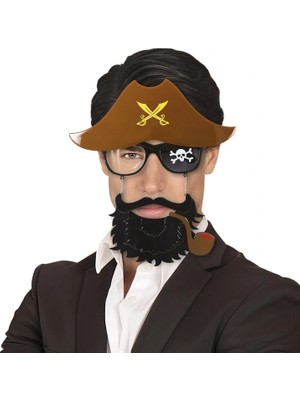 Alvera Kahve Renk Şapkalı Siyah Sakallı Pipolu Jack Sparrow Denizci Korsan Gözlüğü 24X25 cm