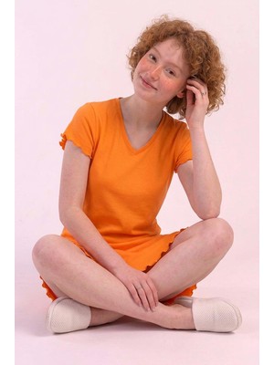 Cotonhause Pamuklu Kadın V Yaka Kısa Kol Gecelik %100 Pamuk Oranj Renk C7T0N0O215