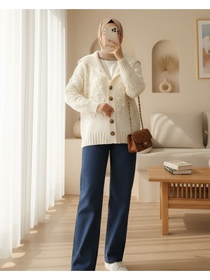 Moda Morfo Ponponlu Şal Yaka Triko Hırka -Ekru