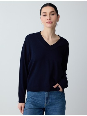Jimmy Key Lacivert Rahat Kesim V Yaka Uzun Kollu Triko Bluz