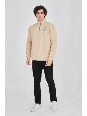 Pileli Store Yarım Fermuarlı Baskılı Sweat - Bej -