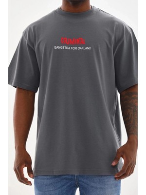 Pileli Store Baskılı Oversize T-Shirt - Füme -