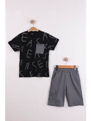 Joy Kids Erkek Çocuk Harf Dağılımlı Kargo Cepli Trend Takım (7-10YAŞ) (Siyah-Gri)