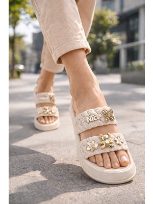 Slipcat Kadın Trend Tasarım Çiçek Detaylı Örgü Bantlı Konfor Terlik