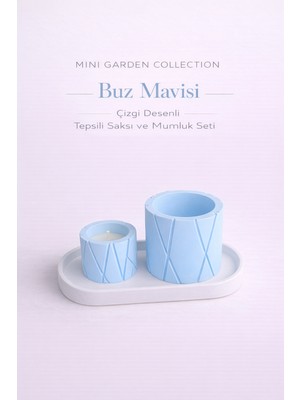 Korixa Korıxa Mini Garden Buz Mavisi Saksı ve Mumluk Seti – Tepsili Dekoratif 3’lü Masa Üstü Set