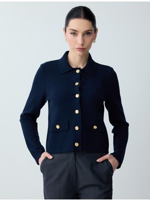 Jimmy Key Lacivert Uzun Kollu Gömlek Yaka Düğme Detaylı Triko Hırka