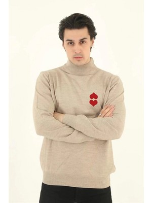 Pileli Store Yarım Boğazlı Baskılı Dokuma Triko - Bej -