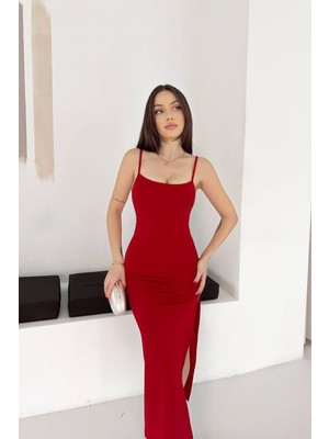 Tarz Cool Kadın Askılı Uzun Elbise Slim Fit Vücuda Oturan Yırtmaçlı