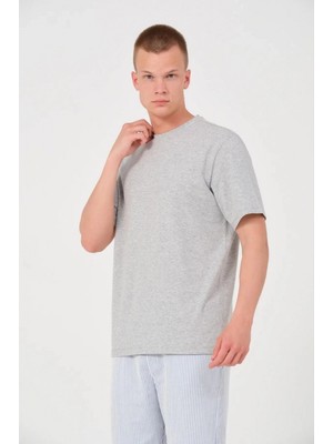 Pileli Store Düz Biskilet Yaka Oversize T-Shirt - Gri -