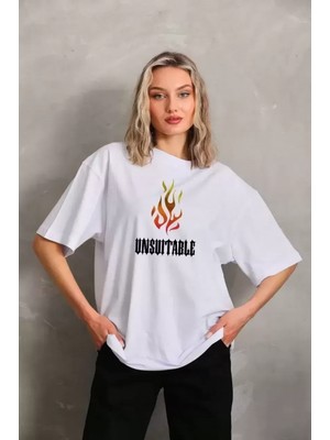 Pileli Store Bisiklet Yaka Baskılı Oversize T-Shirt - Beyaz -