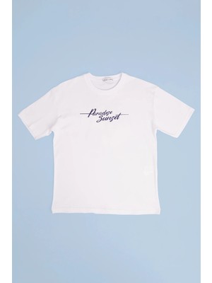 FullaModa %100 Pamuk Yazı ve Palmiye Baskılı Oversize Erkek Çocuk Tişört