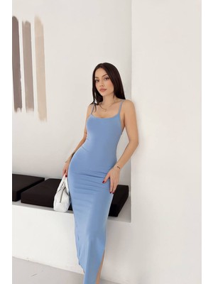 Tarz Cool Kadın Askılı Uzun Elbise Slim Fit Vücuda Oturan Yırtmaçlı
