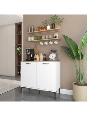 Rani JE232 Kahve Köşesi Çok Amaçlı Dolap 2 Kapaklı 2 Raflı Kiler Mutfak Dolabı Beyaz - Sepet Ceviz