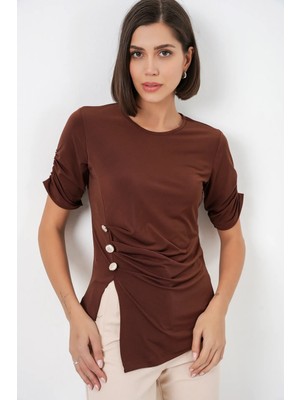Hiccup Kadınlar BDART Yuvarlak Yaka Düğmeli Bluz Mocha Kahvesi