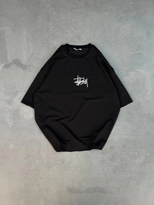 Pileli Store Bisiklet Yaka Baskılı Oversize T-Shirt - Siyah -