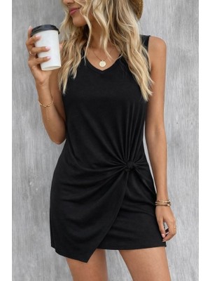 Gacha Kadın Askılı V Yakalı Yandan Asimetrik Detaylı Kısa Viskon Elbise