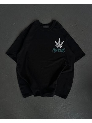 Pileli Store Bisiklet Yaka Baskılı Oversize T-Shirt - Siyah -